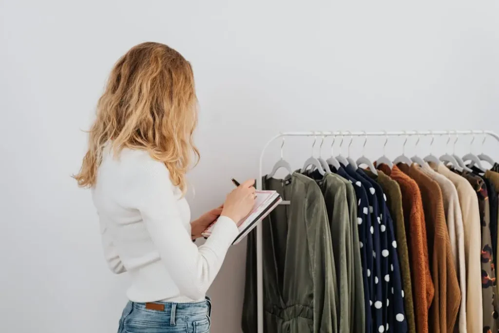 Woman writing notes on a clipboard standing next to a clothes rack, calculating the budget and quantity for a custom t-shirt order.