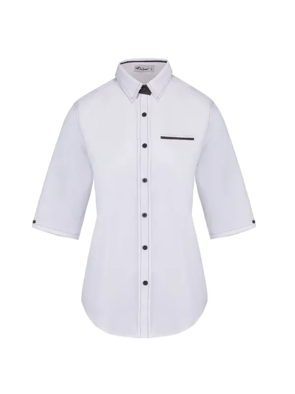 Ladies White Corporate Uniform Shirt 3/4 Sleeve - T-Shirt Printing KL | Custom Shirt Printing Malaysia Women's white corporate uniform shirt with 3/4 length sleeves, black piping details, and a tailored fit for office wear.