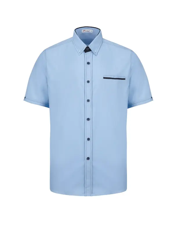 Light Blue Corporate Uniform Shirt Short Sleeve - T-Shirt Printing KL | Custom Shirt Printing Malaysia Light blue men's corporate uniform shirt with short sleeves, black collar trim, and front pocket, displayed on a white background.