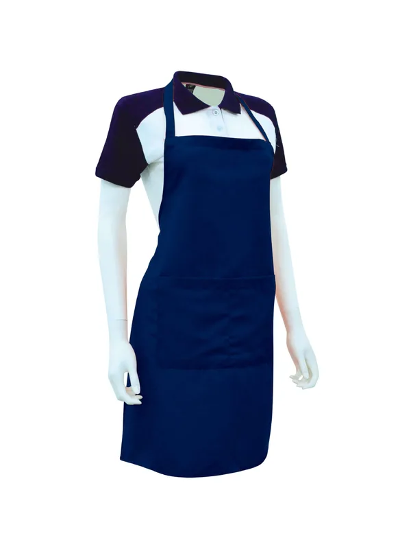 Navy Blue Bib Apron for Restaurant Kitchens - T-Shirt Printing KL | Custom Shirt Printing Malaysia Full-length navy blue bib apron displayed on a mannequin, featuring a large front pocket and neck strap for kitchen staff.