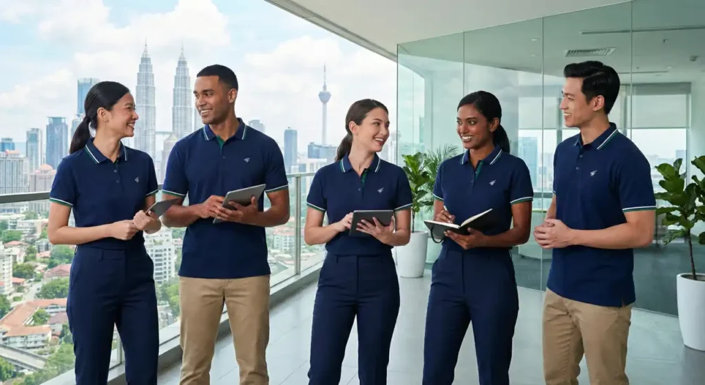 A diverse corporate team standing in a modern kuala lumpur office with the kl skyline in the background, wearing matching custom-made navy blue polo uniforms with green trim.