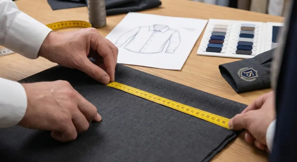 Close-up of a tailor using a yellow measuring tape on premium dark grey fabric alongside uniform design sketches, fabric color swatches, and an embroidered corporate logo sleeve.