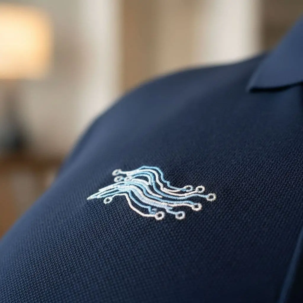 Embroidered Logo on Corporate Polo Shirt - T-Shirt Printing KL & Custom Made Uniform Expert Close-up of an embroidered logo on a navy corporate polo shirt for professional company uniforms.