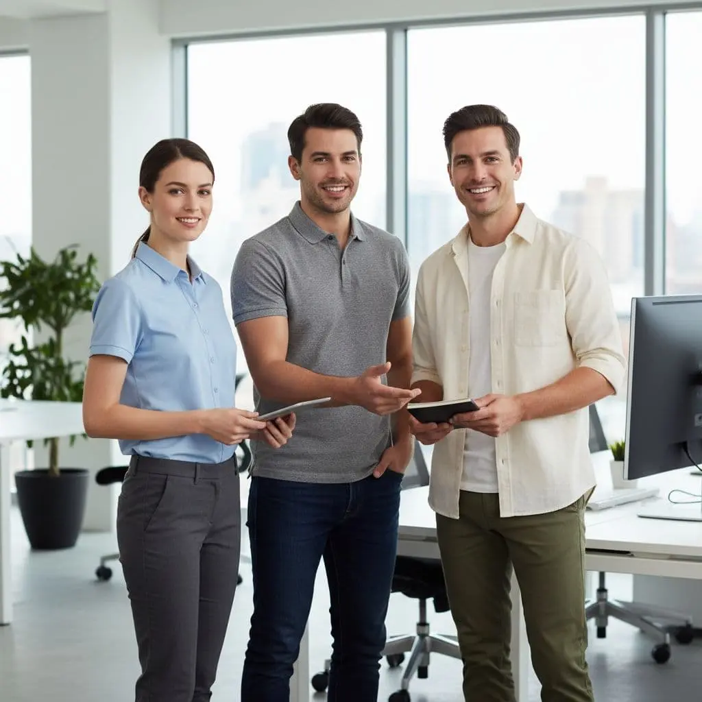Professional Office Team Company Uniform Ideas - T-Shirt Printing KL & Custom Made Uniform Expert Professional office team wearing smart company uniform styles for corporate workplace attire.