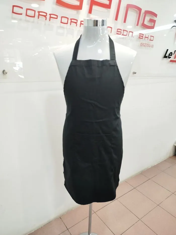 Front view of a plain black full-bib apron with pockets, designed for barista uniforms and custom logo embroidery.