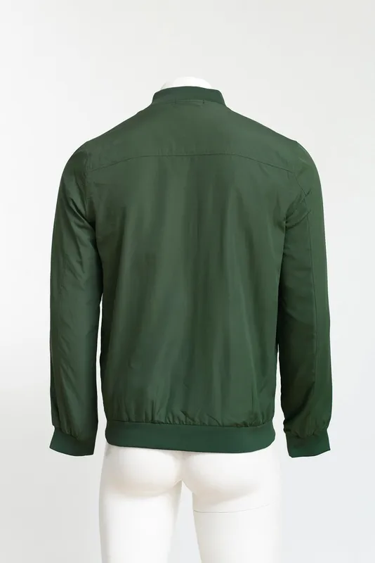 Back view of an army green bomber jacket on a mannequin, showcasing the large printable area for custom club logos.