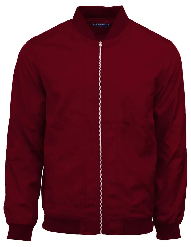 Front view of a deep burgundy red bomber jacket with ribbed collar and cuffs, suitable for university batch or team apparel.