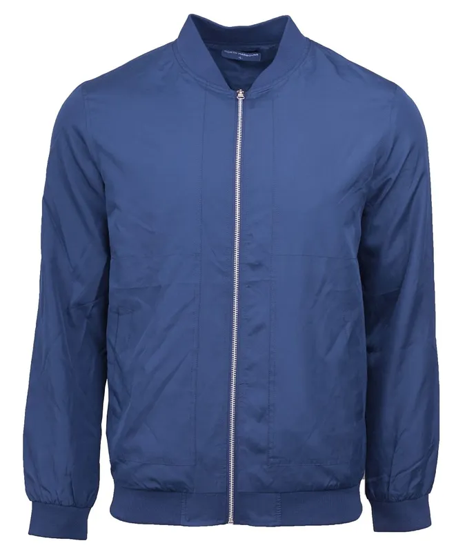 Front view of a plain navy blue bomber jacket with silver zipper, representing professional corporate outerwear.