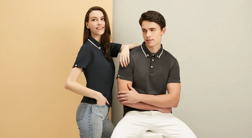 Close-up detail of corporate uniform fabric texture, showing the breathable weave and high-quality stitching suitable for the malaysian climate.