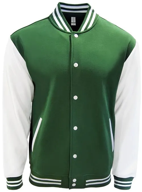 Front view of a custom varsity jacket in forest green with white sleeves and striped ribbing, available for custom printing and embroidery.