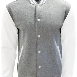 Front view of a Custom Varsity Jacket in sport grey with contrasting sleeves, designed for corporate or university team uniforms in Malaysia.