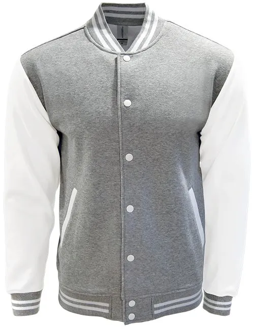 Front view of a custom varsity jacket in sport grey with contrasting sleeves, designed for corporate or university team uniforms in malaysia.