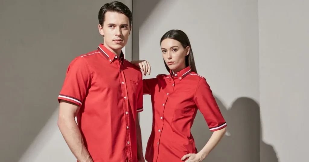 Male and female models wearing matching red custom polo shirts with white collar accents, showcasing corporate uniform trends for Malaysian businesses.