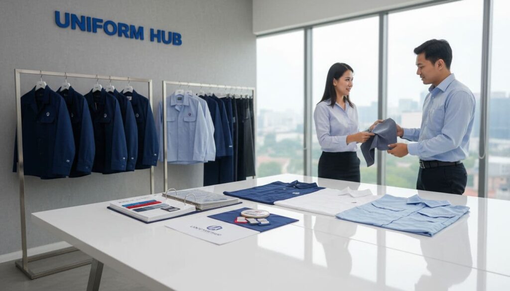 Two coworkers in a bright showroom compare a folded uniform piece by a white table, with racks of navy and light blue shirts in the background labeled 'Uniform Hub'.