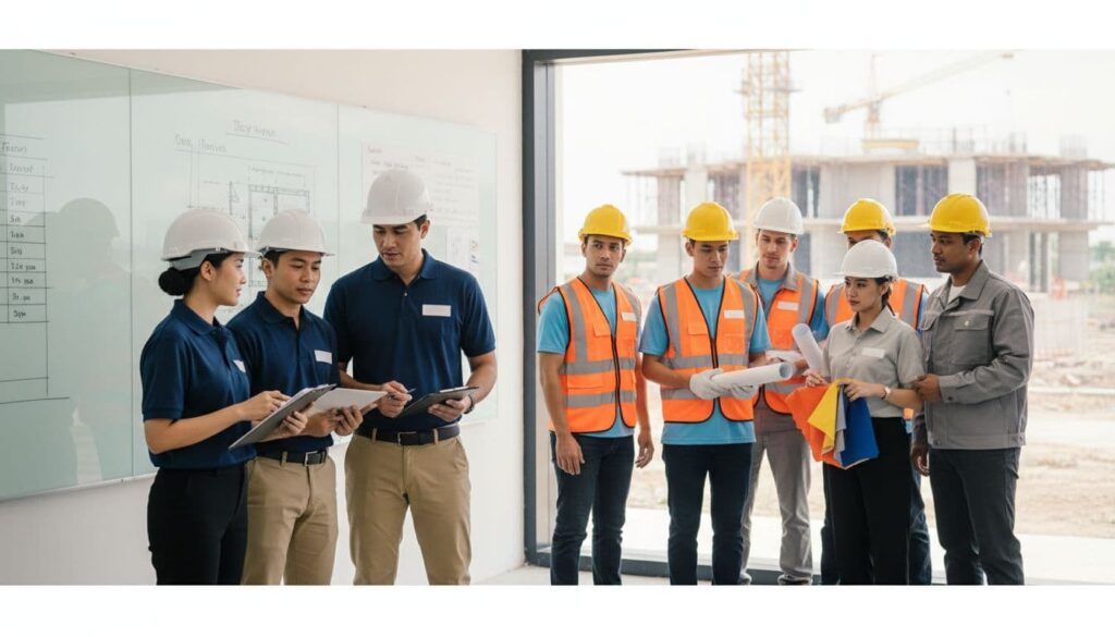 Team of construction workers in hard hats discuss plans in a bright room with whiteboards and a construction site outside.