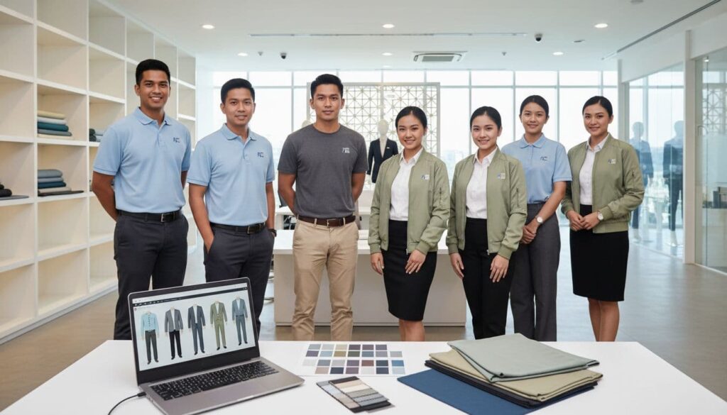Eight professionals stand in a bright showroom behind a table with fabric swatches, a laptop showing outfits, and folded fabrics.