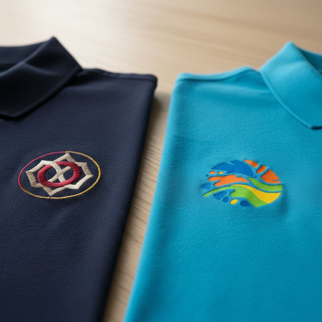 Two polo shirts folded on a wooden surface: navy shirt with a geometric interlocking logo, and turquoise shirt with a colorful circular emblem.