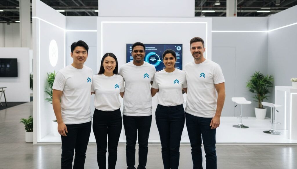 Group of five coworkers in white t-shirts with a blue logo posing in a modern expo booth with screens and plants behind them.